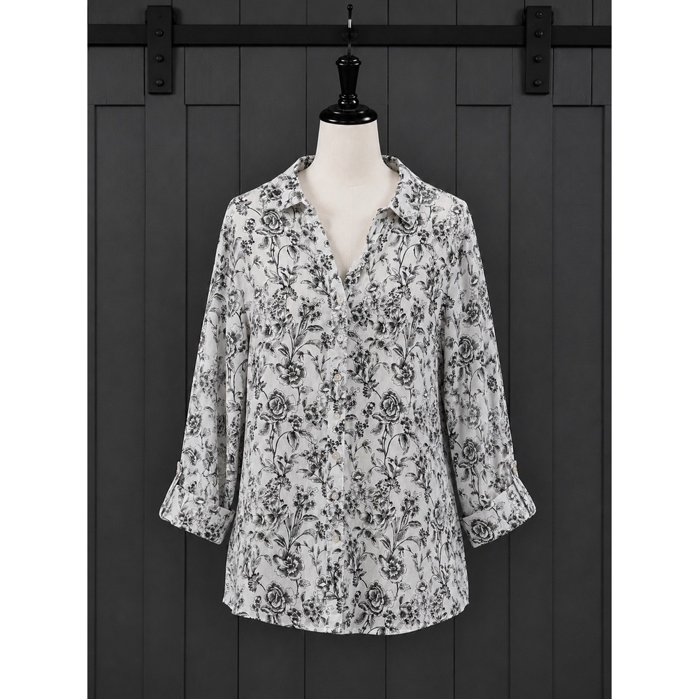 Joie 100% Linen Button Front Shirt Blouse 2X White Black Floral Roll Tab Slv